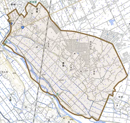 薄葉とその周辺の地図。町の範囲を重ねている