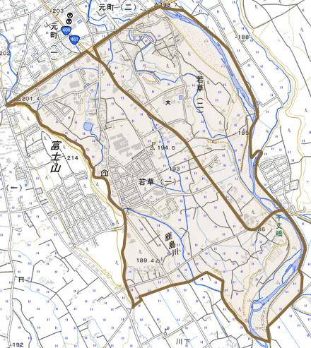 若草とその周辺の地図。町の範囲を重ねている