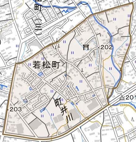 若松町とその周辺の地図。町の範囲を重ねている