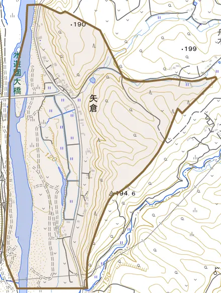 矢倉とその周辺の地図。町の範囲を重ねている