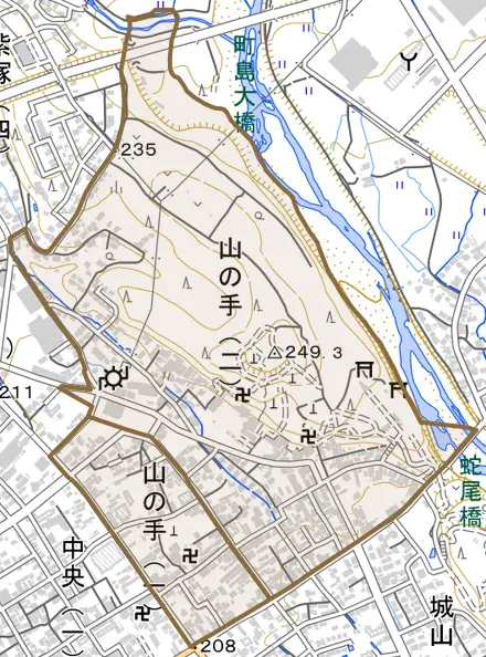 山の手とその周辺の地図。町の範囲を重ねている