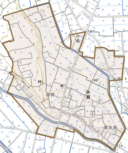 余瀬とその周辺の地図。町の範囲を重ねている