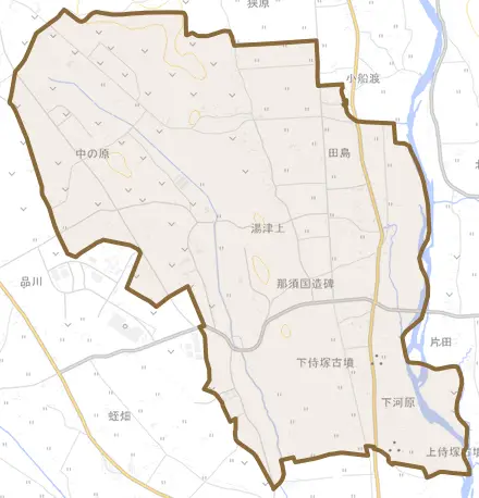 湯津上とその周辺の地図。町の範囲を重ねている