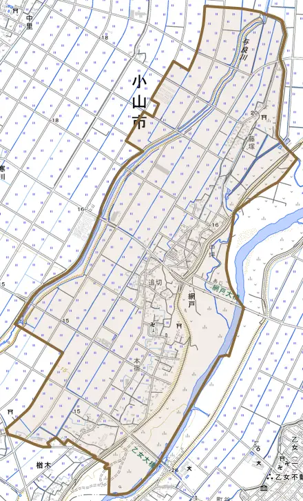 大字網戸とその周辺の地図。町の範囲を重ねている