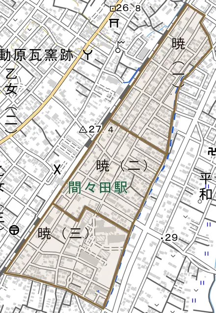 暁とその周辺の地図。町の範囲を重ねている