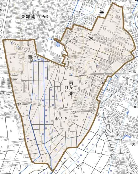 大字雨ケ谷とその周辺の地図。町の範囲を重ねている