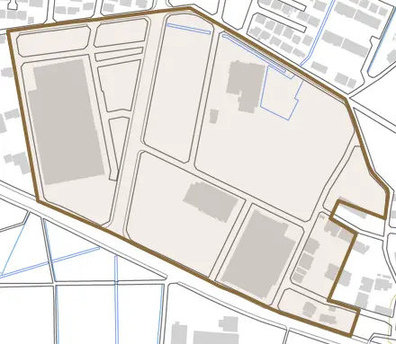 雨ケ谷町とその周辺の地図。町の範囲を重ねている