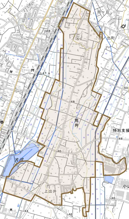 大字荒井とその周辺の地図。町の範囲を重ねている