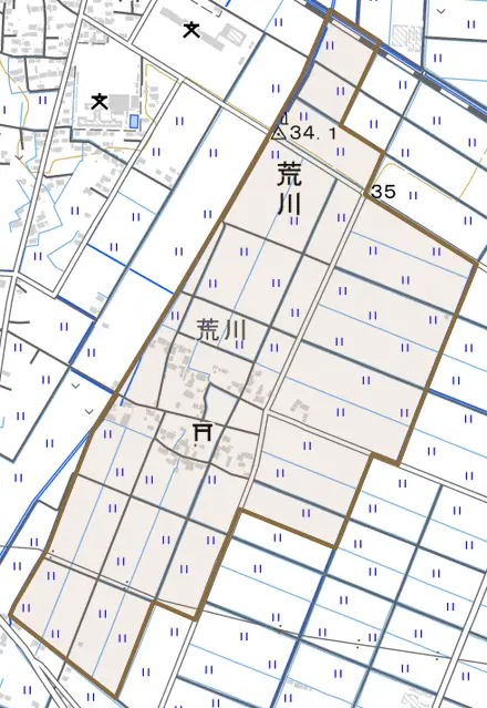 大字荒川とその周辺の地図。町の範囲を重ねている