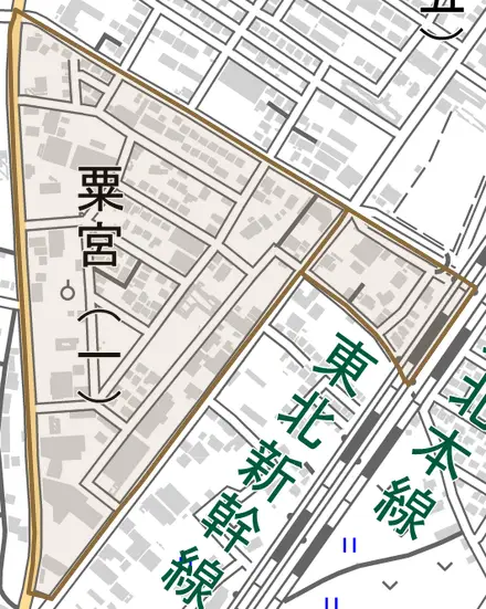 粟宮とその周辺の地図。町の範囲を重ねている