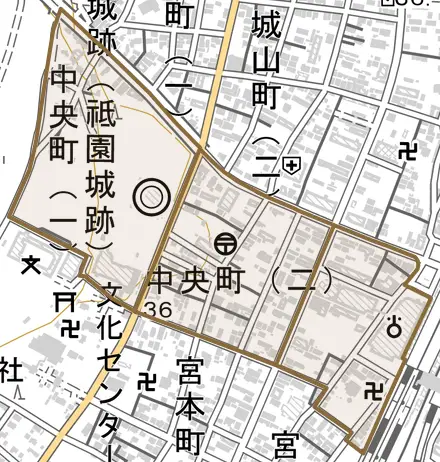 中央町とその周辺の地図。町の範囲を重ねている