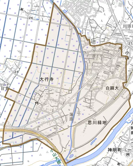 大字大行寺とその周辺の地図。町の範囲を重ねている