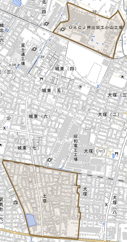 大字土塔とその周辺の地図。町の範囲を重ねている
