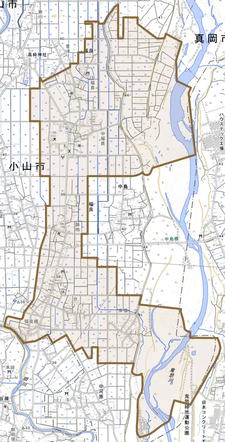 大字福良とその周辺の地図。町の範囲を重ねている