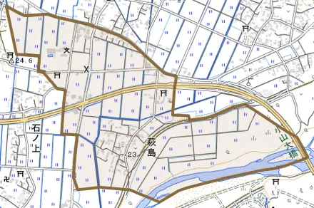 大字萩島とその周辺の地図。町の範囲を重ねている