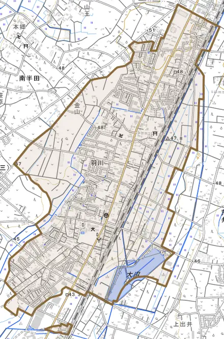 大字羽川とその周辺の地図。町の範囲を重ねている