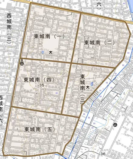 東城南とその周辺の地図。町の範囲を重ねている