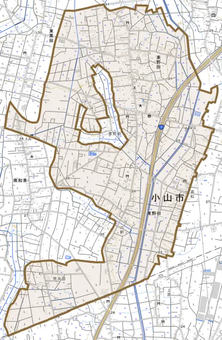 大字東野田とその周辺の地図。町の範囲を重ねている