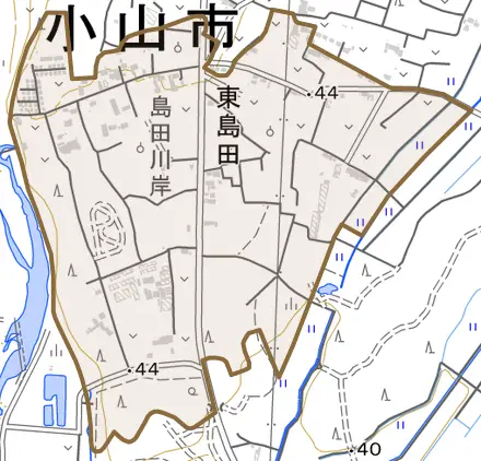 大字東島田とその周辺の地図。町の範囲を重ねている