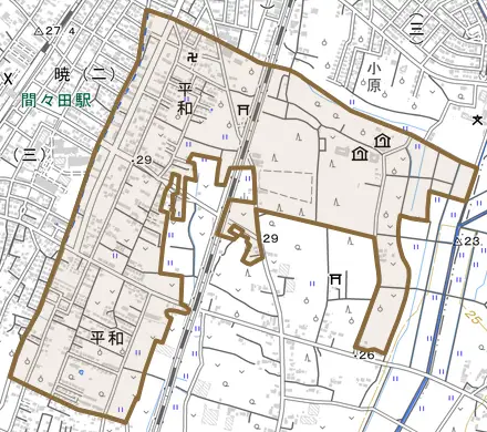 大字平和とその周辺の地図。町の範囲を重ねている