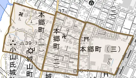 本郷町とその周辺の地図。町の範囲を重ねている