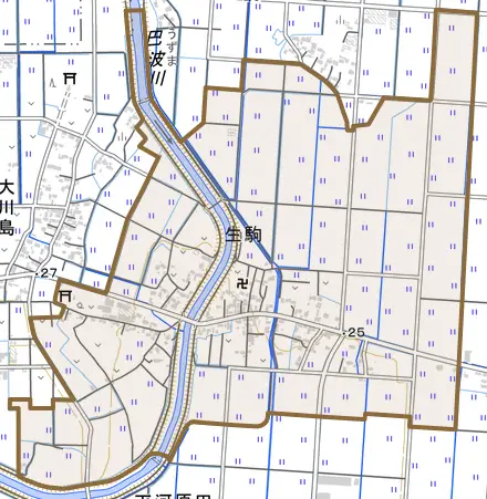 大字生駒とその周辺の地図。町の範囲を重ねている