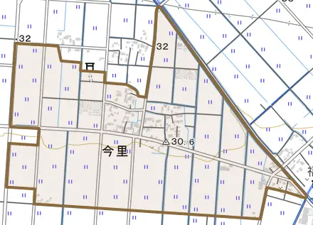 大字今里とその周辺の地図。町の範囲を重ねている