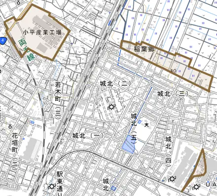 大字稲葉郷とその周辺の地図。町の範囲を重ねている