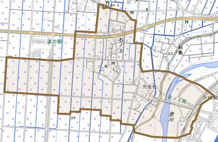 大字石ノ上とその周辺の地図。町の範囲を重ねている