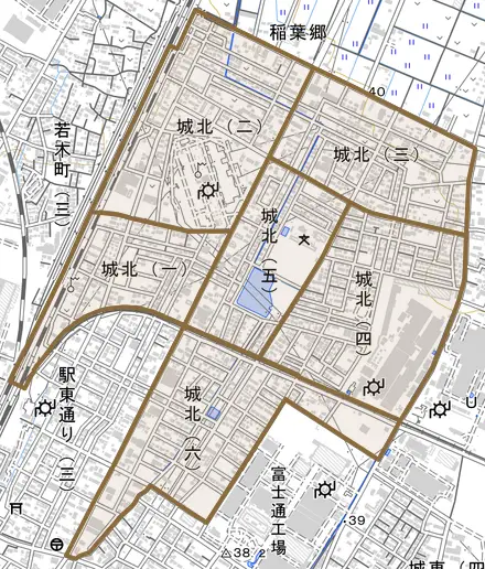 城北とその周辺の地図。町の範囲を重ねている