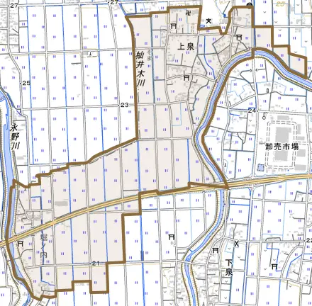 大字上泉とその周辺の地図。町の範囲を重ねている