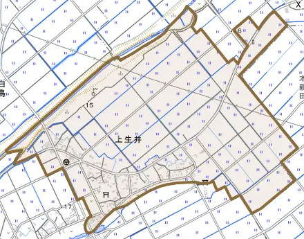 大字上生井とその周辺の地図。町の範囲を重ねている