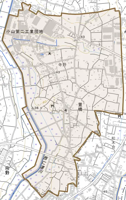 大字萱橋とその周辺の地図。町の範囲を重ねている