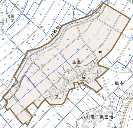 大字生良とその周辺の地図。町の範囲を重ねている