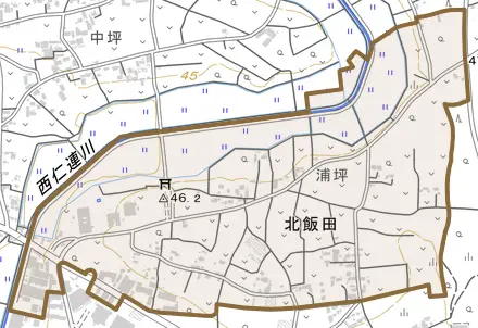 大字北飯田とその周辺の地図。町の範囲を重ねている
