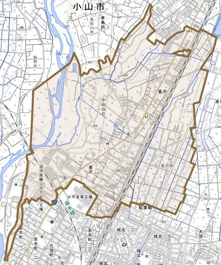 大字喜沢とその周辺の地図。町の範囲を重ねている