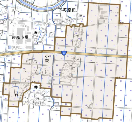 大字小袋とその周辺の地図。町の範囲を重ねている