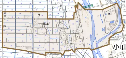 大字黒本とその周辺の地図。町の範囲を重ねている