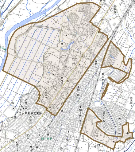 大字間々田とその周辺の地図。町の範囲を重ねている