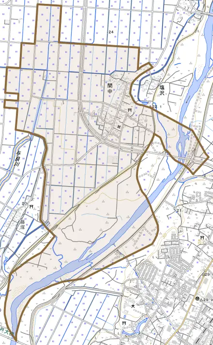 大字間中とその周辺の地図。町の範囲を重ねている