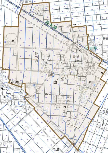 大字松沼とその周辺の地図。町の範囲を重ねている