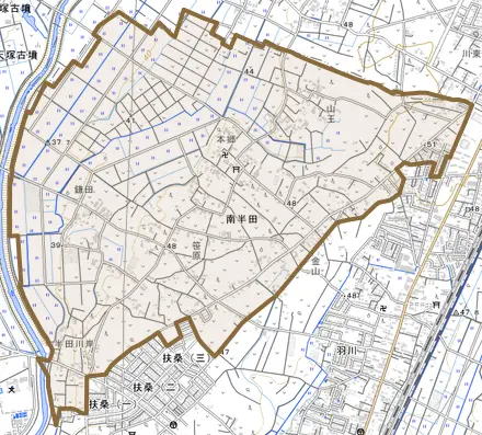 大字南半田とその周辺の地図。町の範囲を重ねている