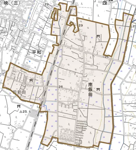 大字南飯田とその周辺の地図。町の範囲を重ねている