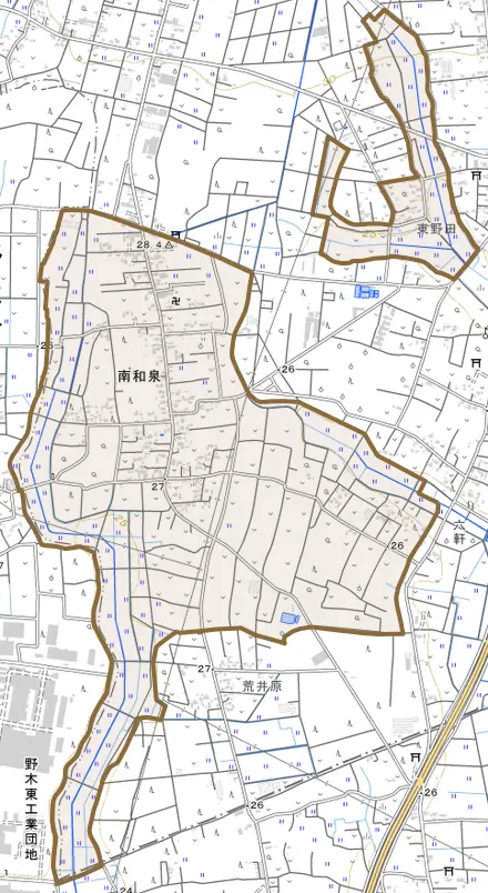 大字南和泉とその周辺の地図。町の範囲を重ねている