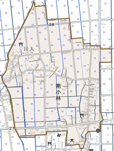 大字南小林とその周辺の地図。町の範囲を重ねている