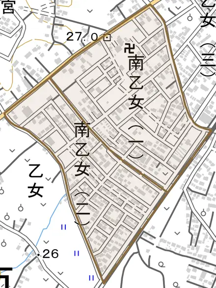 南乙女とその周辺の地図。町の範囲を重ねている