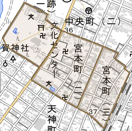 宮本町とその周辺の地図。町の範囲を重ねている