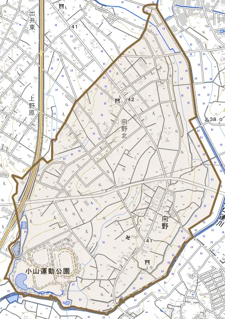 大字向野とその周辺の地図。町の範囲を重ねている