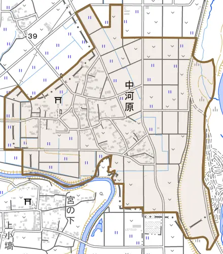 大字中河原とその周辺の地図。町の範囲を重ねている