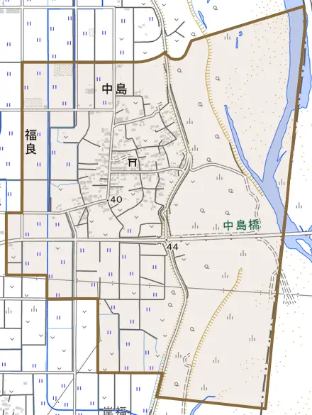 大字中島とその周辺の地図。町の範囲を重ねている